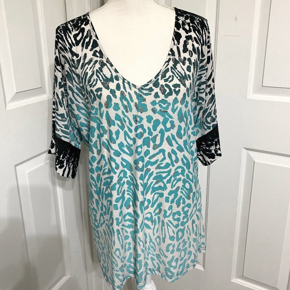L Alberto Makali Teal and Black Leopard Print Top
